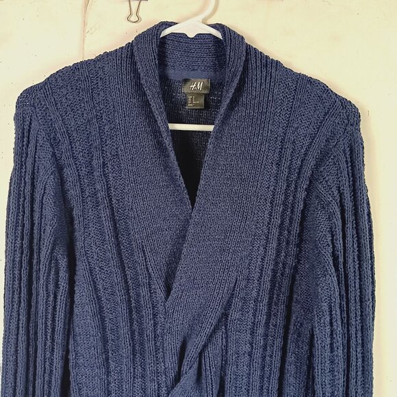 H&M Womens Navy Blue Ribbed Knitted Sweater Medium Twist Front Oversized Sleeves - Picture 6 of 9